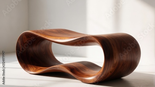 Sculptural wooden bench with flowing organic curves, vintage aesthetic. Use: interior design, furniture catalog, architectural rendering.