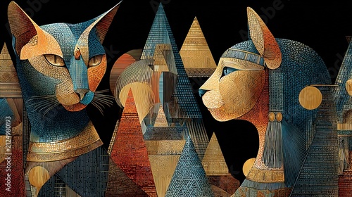Ancient Egyptian Cat and Sphinx Art Illustration.