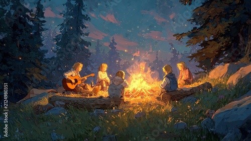 Campfire Gathering in Forest at Night with Friends.