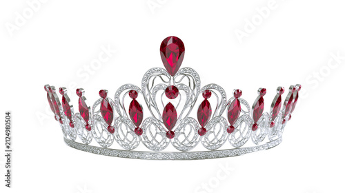 Ornate silver tiara with red ruby gemstones, isolated on transparent background