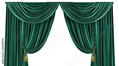 Obraz na płótnie Emerald green velvet drapes with gold tassels elegantly swagged and pleated, iso