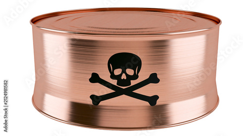 Fotografía Shiny copper tin can with black skull and crossbones symbol, isolated on transpa