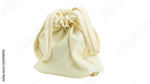 Creamy ivory soft leather drawstring pouch bag with ruched top, isolated on transparent background