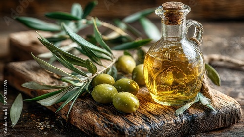 Olive Oil Bottle with Fresh Olives and Olive Branches on Rustic Wooden Surface.