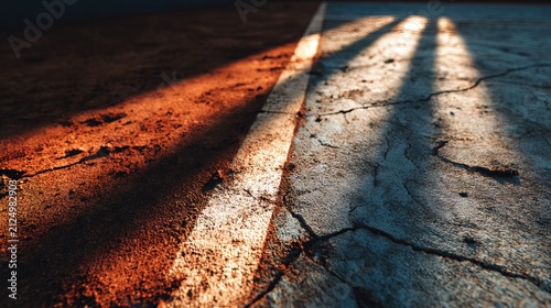 Sunset Shadows Cast on Cracked Asphalt Roadway.