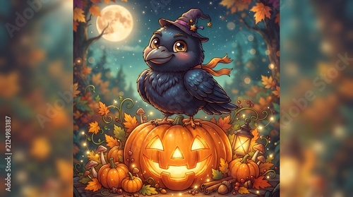 Cartoon raven on Halloween pumpkin