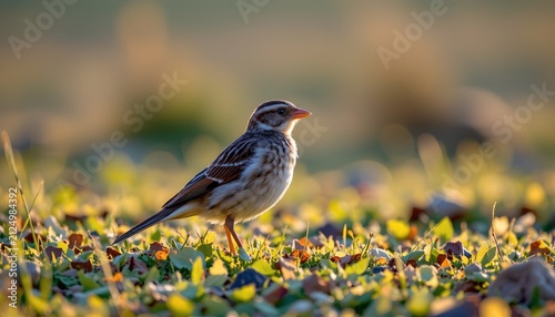 A small bird with a streaked brown and white body stands on a ground covered with colorful fallen leaves and small flowers