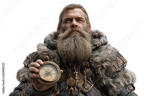 A weathered explorer with a long, braided beard and fur-lined attire holds a vintage compass, gazing intently forward, embodying the spirit of adventure and discovery.