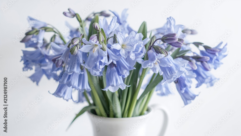 Obraz premium Blue Bell Flowers in a White Vase with Soft Lighting