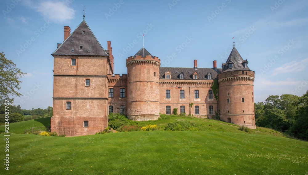 Fototapeta premium Historic Castle Surrounded by Lush Green Lawn Under Clear Blue Sky