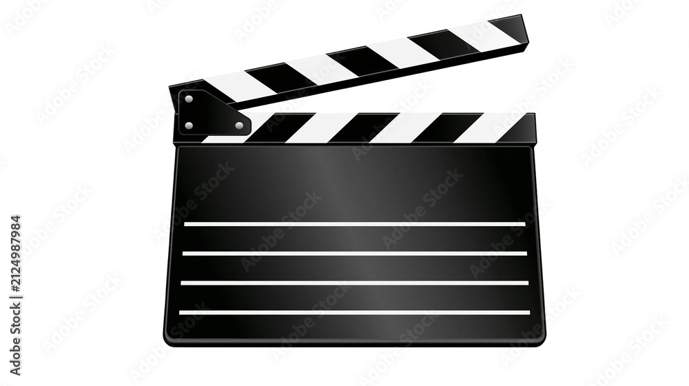 Fototapeta premium Black movie clapperboard with white stripes, isolated on transparent background