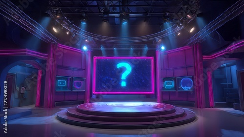 Quiz, game show or trivia competition with futuristic sci-fi stage with a central platform, illuminated by blue and pink neon lights.