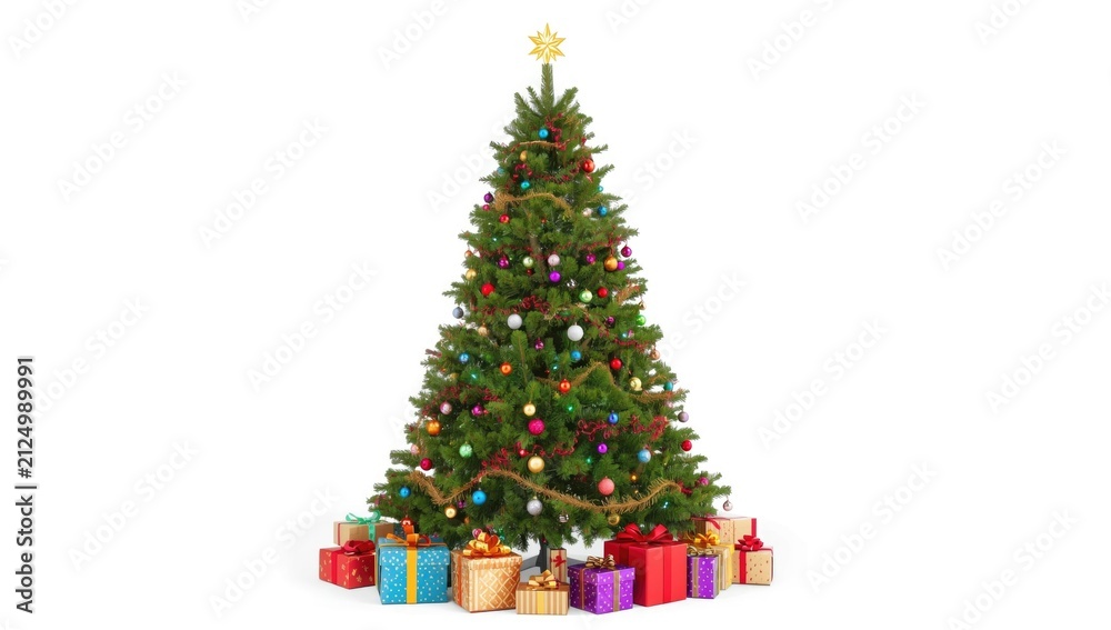 Naklejka premium Christmas Tree Decorated with Colorful Ornaments and Gifts Isolated on White