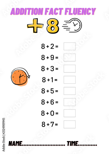 Fotografie Addition Facts Fluency +8 Timed Math Worksheet for Kids