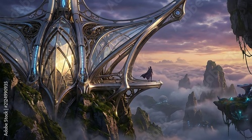 Fantasy stone architecture on cliff above sunset clouds