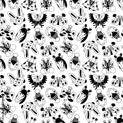 Hand Drawn Christmas Seamless Pattern with Funny Mask