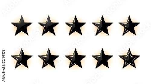 Five star rating icons with black and gold design.