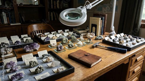 Geologist workspace with mineral specimens and magnifying lamp.