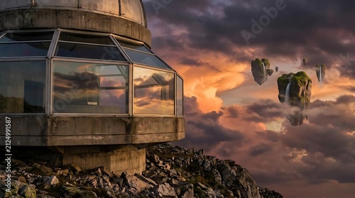 Futuristic observatory overlooking surreal floating mountain islands.