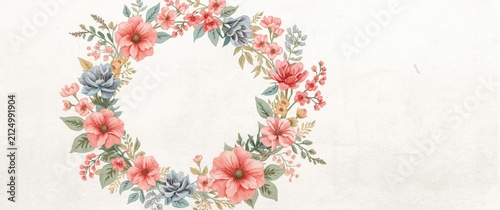 Flower Wreath Arrangement with Pink and Blue Blooms on Light Background