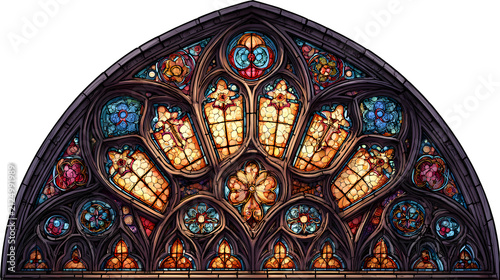 Vibrant stained glass cathedral window with floral patterns with cathedral featuring intricate patterns sacred symbols large ornate stained with Gothic architecture