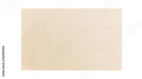 Blank beige textured postcard with stamp box and writing lines, isolated on transparent background