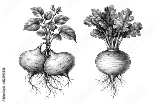 Botanical Illustrations of Turnips and Radishes with Detailed Roots