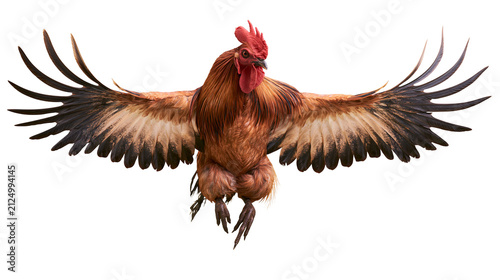 Brown rooster with spread wings, isolated on transparent background