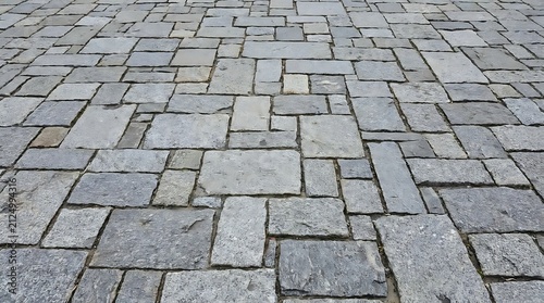 Grey rectangular cobblestone pavement texture in perspective.