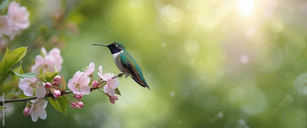 Fototapeta premium Hummingbird Perched on Cherry Blossom Branch in Soft Spring Light