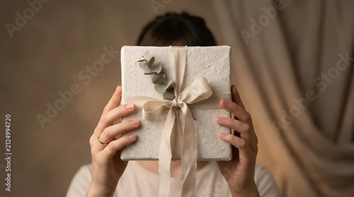 Hands holding wrapped gift box.