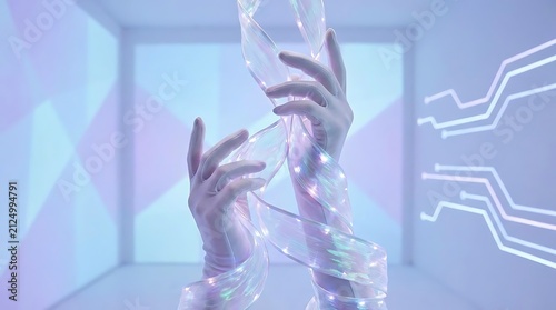 Hands interacting with glowing holographic light strands in white room.