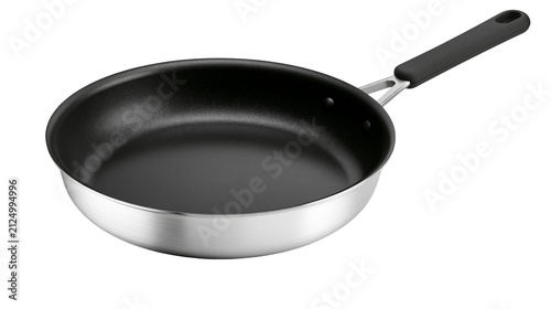 фотографія Brushed stainless steel frying pan with black non-stick coating and handle, isol