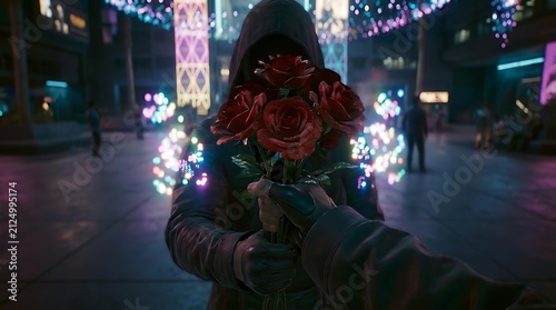 Hooded figure holding glowing red roses in neon city.