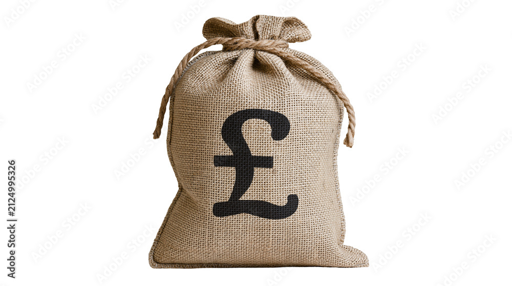 Obraz premium Burlap money bag with pound symbol, isolated on transparent background