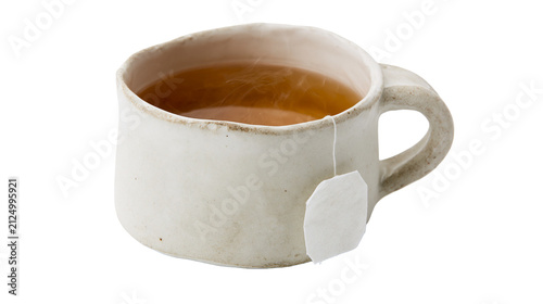 Steaming herbal tea in a rustic ceramic mug with a tea bag, isolated on transparent background