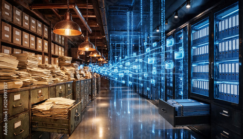 File cabinet drawers containing vintage paper documents sit on one side while glowing blue digital data particles float through the air toward a high tech server rack in the modern archival storage.