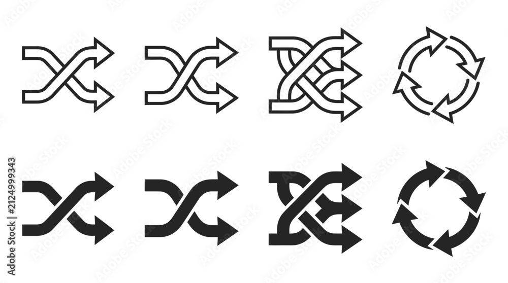 Fototapeta premium Set of shuffle and repeat arrow icons representing random order and cycle actions in minimal line style with direction