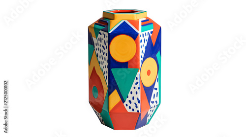 Colorful geometric patterned vase with memphis design with featuring playful memphis various geometric shapes vibrant multi faceted polka dots