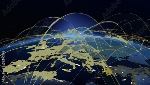 Принти на полотні earth at night with glowing network lines vector planet global connection commun