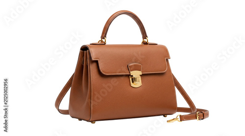 Elegant brown leather handbag with gold hardware, classic luxury designer satchel for women, premium leather shoulder bag with top handle isolated PNG with Transparent Background