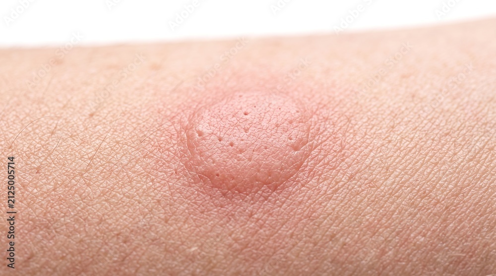 Fototapeta premium Close up of an itchy red insect bite mosquito sting or hive wheal on human skin