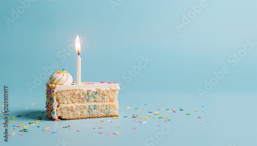Birthday Cake Slice with Candle and Sprinkles on Blue Background