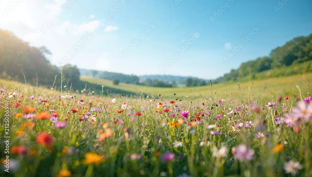Obraz premium Vibrant Wildflower Meadow Under Clear Blue Sky on Sunny Day