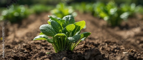Closeup of Young Spinach Plant Growing in Rich Soil on a Sunny Day