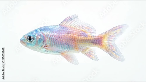 Long silvery iridescent fish profile on white.