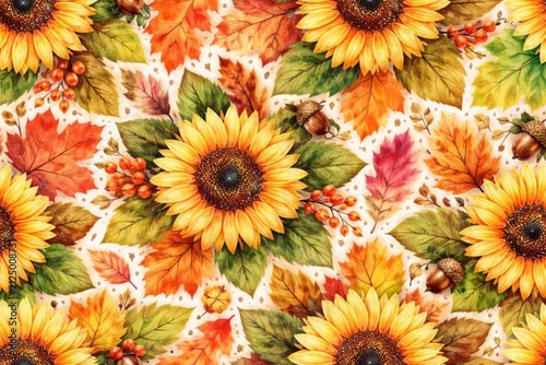 Sunflowers and Autumn Leaves Pattern with Acorns in Warm Colors