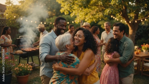 Multigenerational Family Hugging at Backyard Barbecue Party