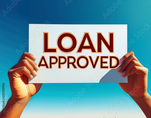hands holding loan approved sign under a clear blue sky