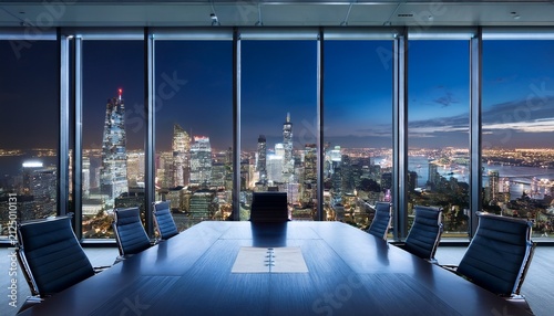 modern corporate boardroom with city skyline view at night